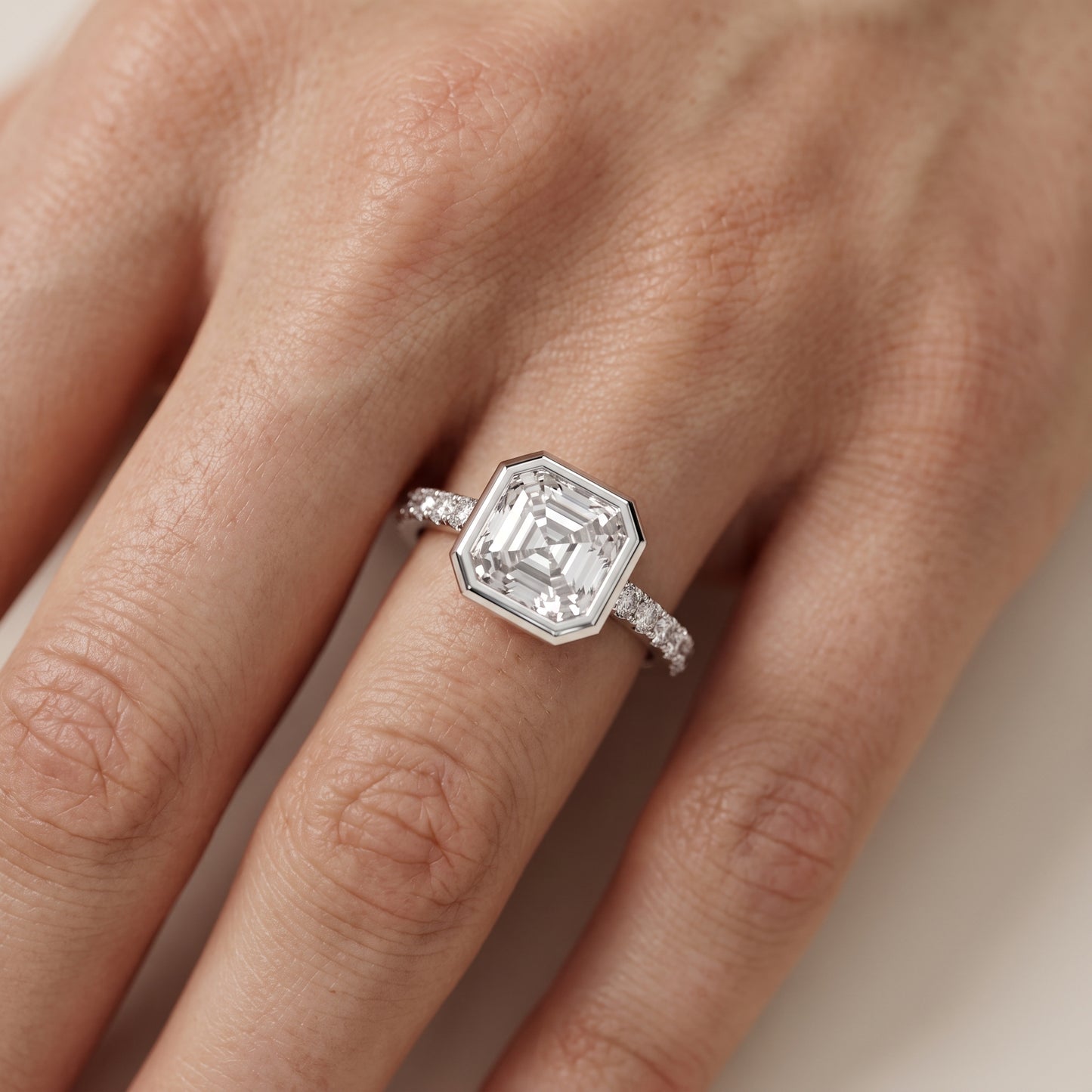 Cora Bezel Pavé Asscher Diamond Ring in Platinum - lifestyle.jpg