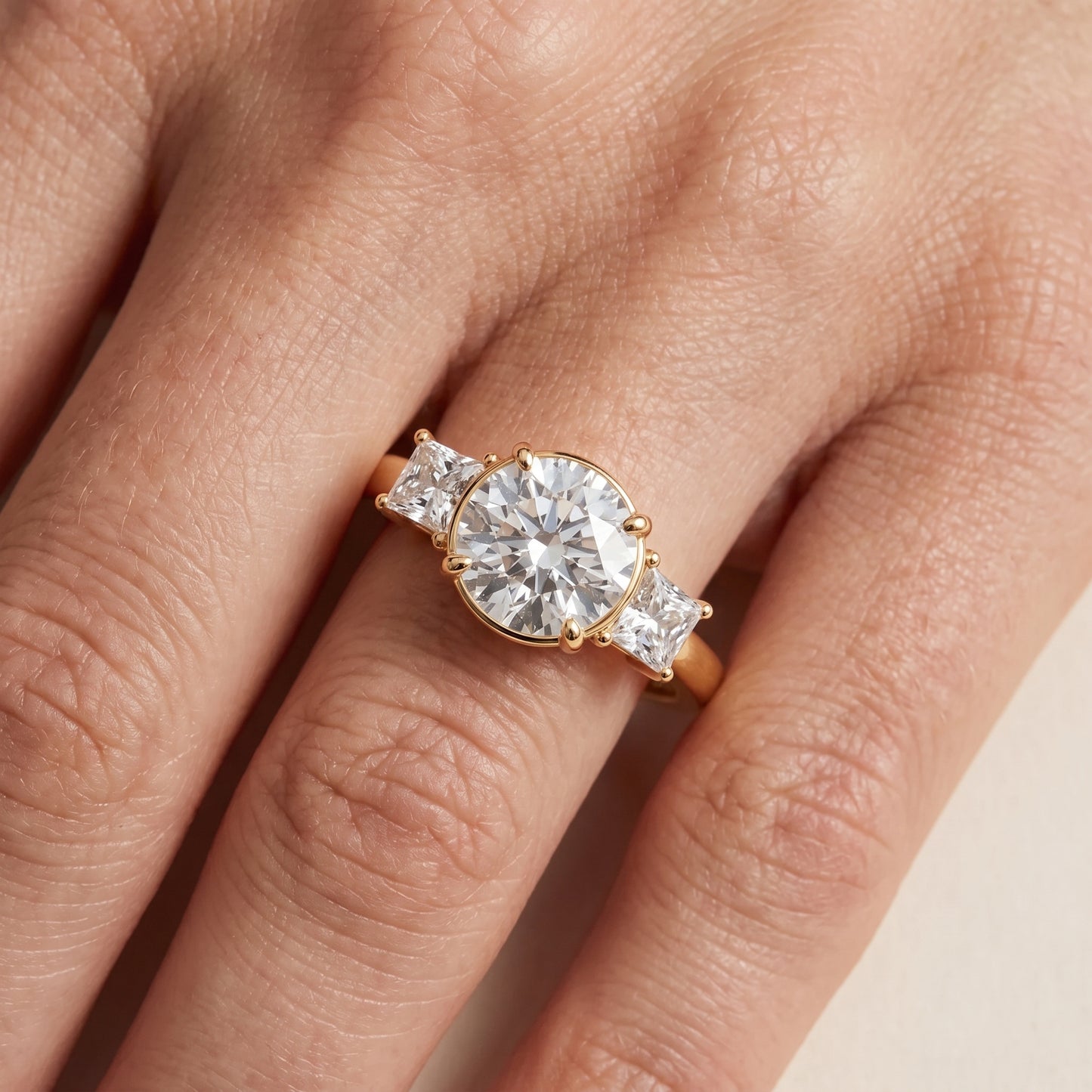Selena Three-Stone Basket Round Diamond Ring in Yellow Gold - lifestyle.jpg