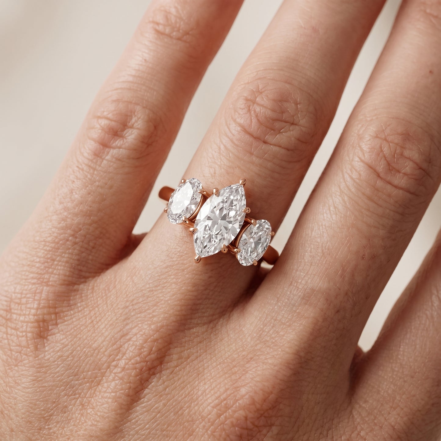 Lila Three-Stone Marquise Diamond Ring in Rose Gold - lifestyle.jpg