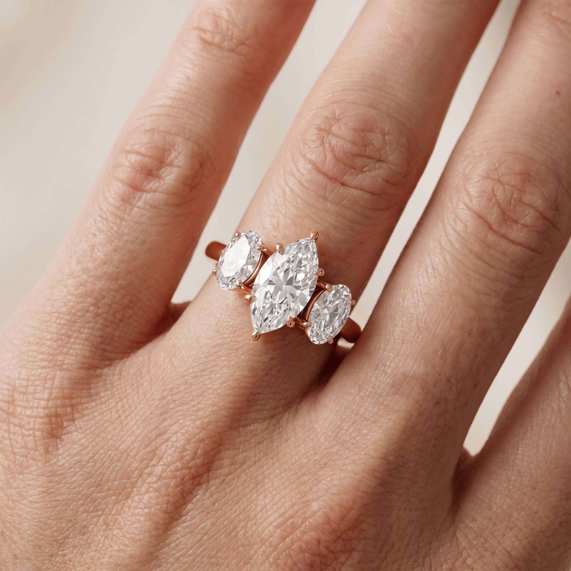 Lila Three-Stone Marquise Diamond Ring in Rose Gold - lifestyle.jpg