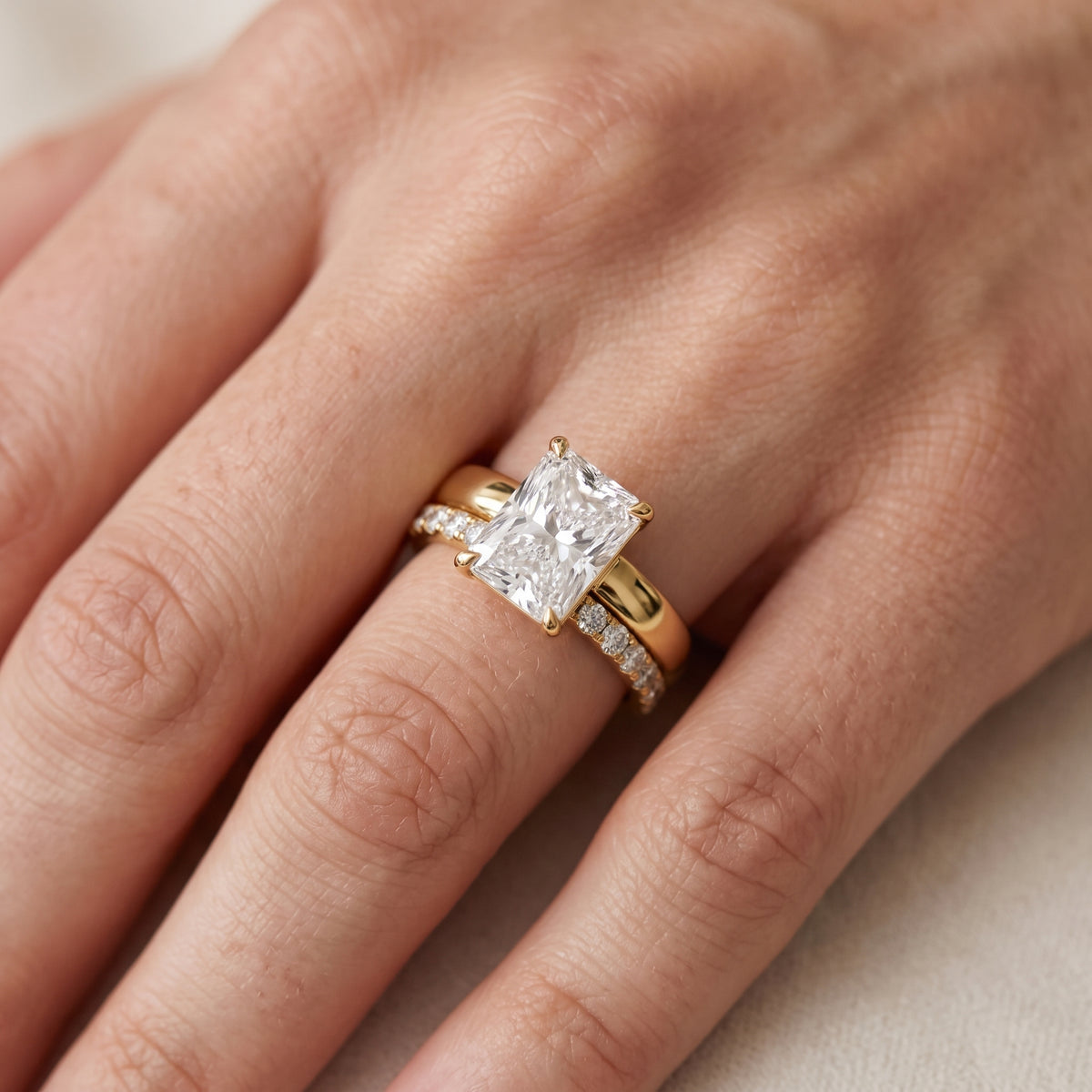 Josephine Split Shank Pavé Radiant Diamond Engagement Ring in Yellow Gold - lifestyle.jpg