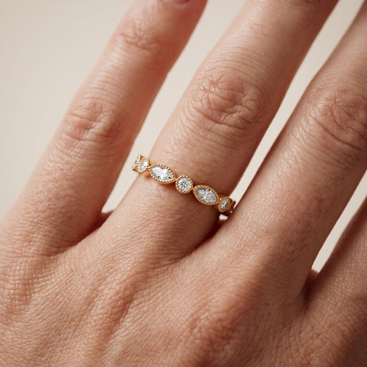 Celina Milgrain Bezel Marquise & Round Diamond Half Eternity Band in Yellow Gold - lifestyle.jpg