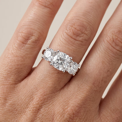 Callie Three-Stone Trellis Cushion Diamond Ring in White Gold - lifestyle.jpg