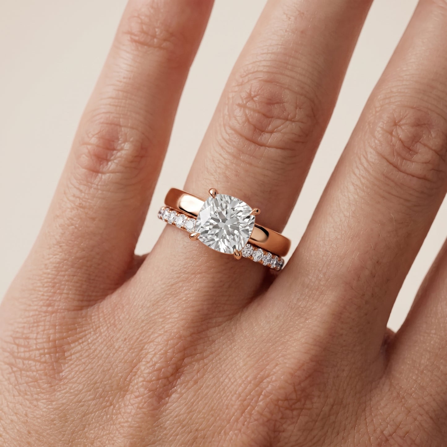 Veda Split Shank Pavé Cushion Diamond Engagement Ring in Rose Gold - lifestyle.jpg