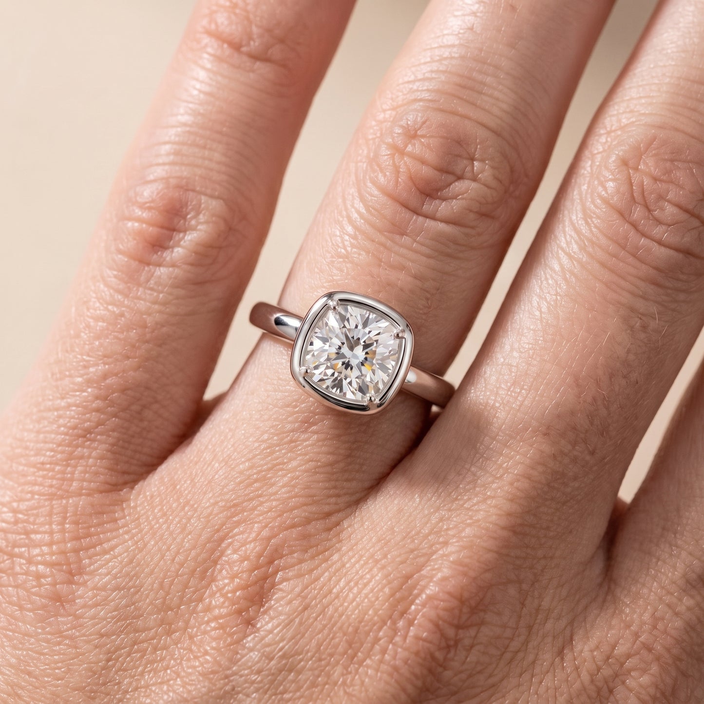 Alina Bezel Solitaire Cushion Diamond Ring in Platinum - lifestyle.jpg