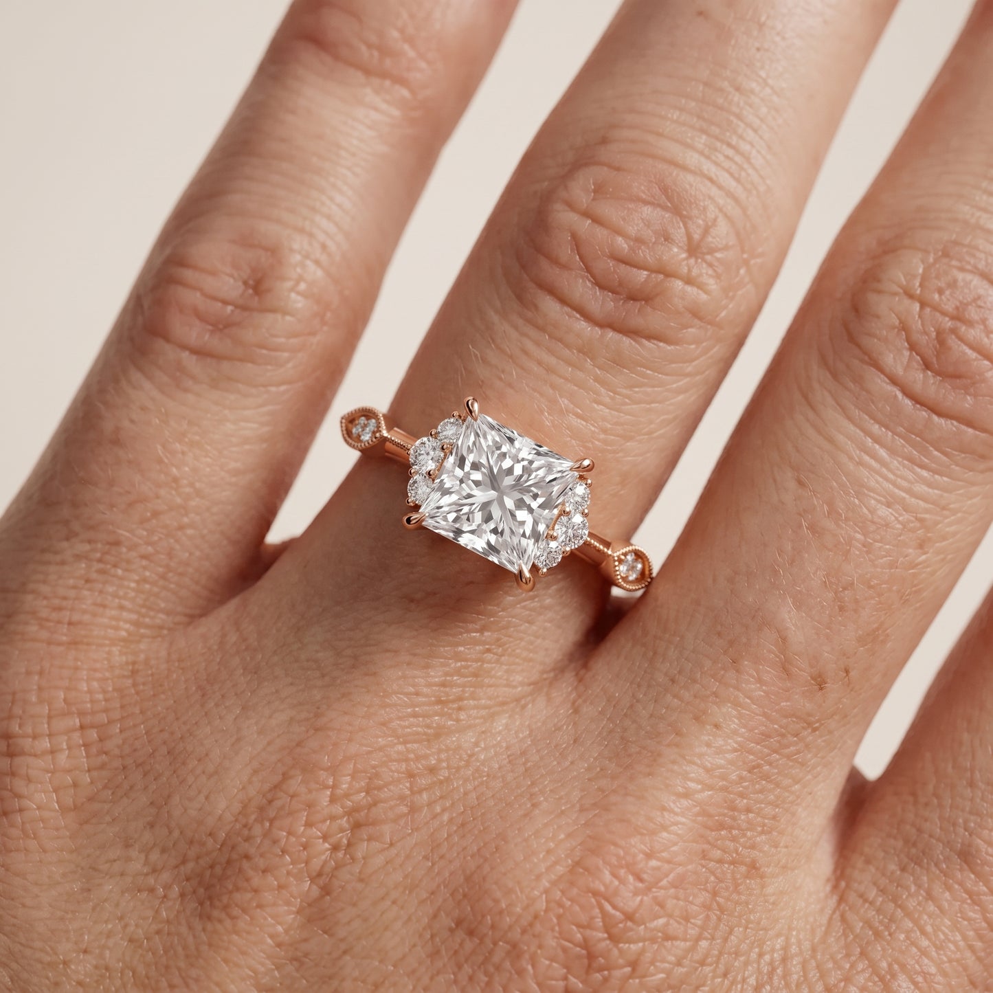 Naomi Vintage Milgrain Princess Diamond Engagement Ring in Rose Gold - lifestyle.jpg