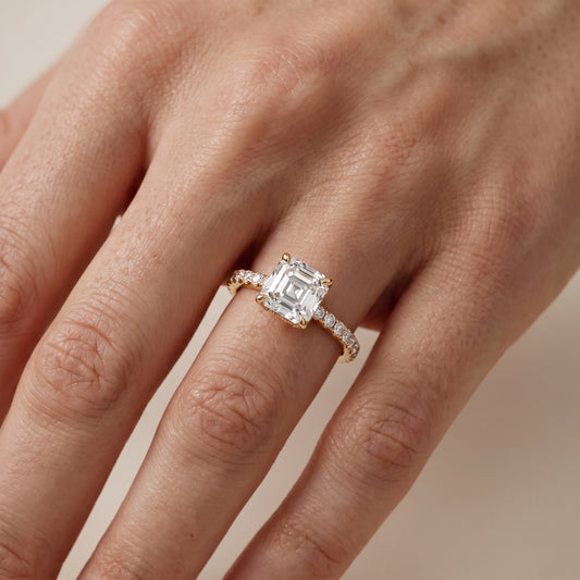 Thea Hidden Halo Pavé Asscher Diamond Engagement Ring in Yellow Gold - lifestyle.jpg