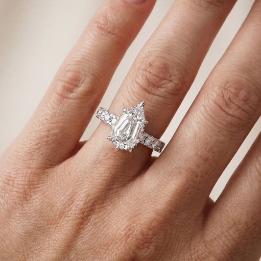 Delaney Hidden Halo French Pavé Step Cut Pear Diamond Engagement Ring in Platinum - lifestyle.jpg