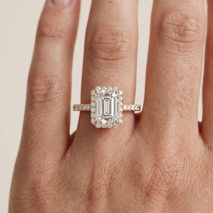 Willa Halo Micropavé Emerald Diamond Engagement Ring in Yellow Gold - lifestyle.jpg