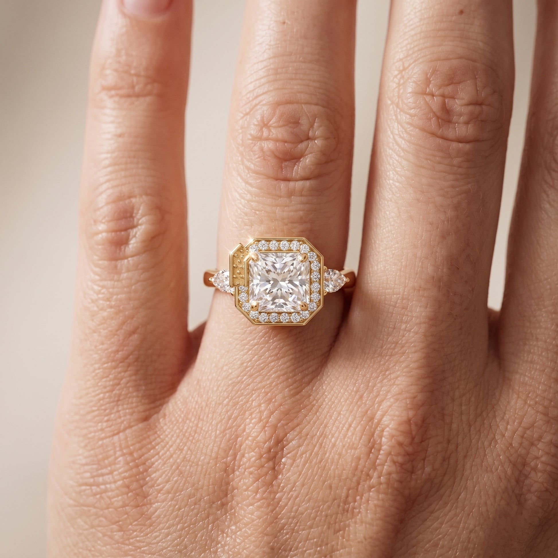 Eliza Halo Sidestone Radiant Diamond Engagement Ring in Yellow Gold - lifestyle.jpg