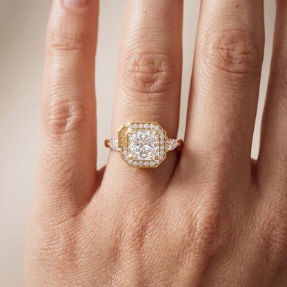 Eliza Halo Sidestone Radiant Diamond Engagement Ring in Yellow Gold - lifestyle.jpg