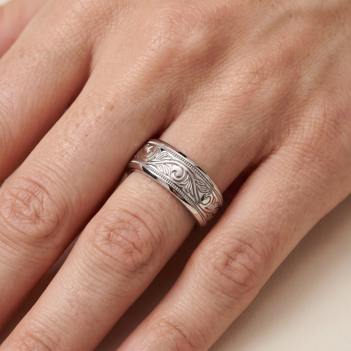 Helena Carved Milgrain Wedding Band in White Gold - lifestyle.jpg
