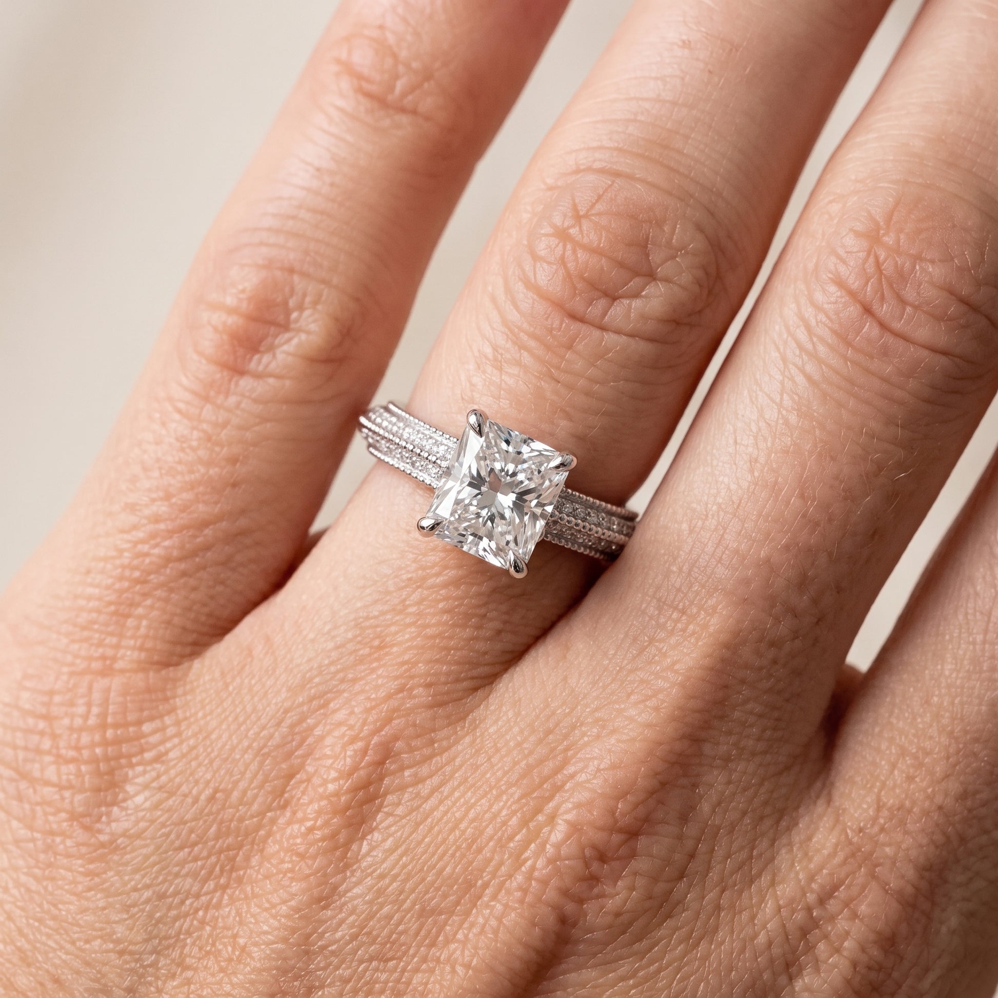 Indie Vintage Milgrain Radiant Diamond Engagement Ring in Platinum - lifestyle.jpg