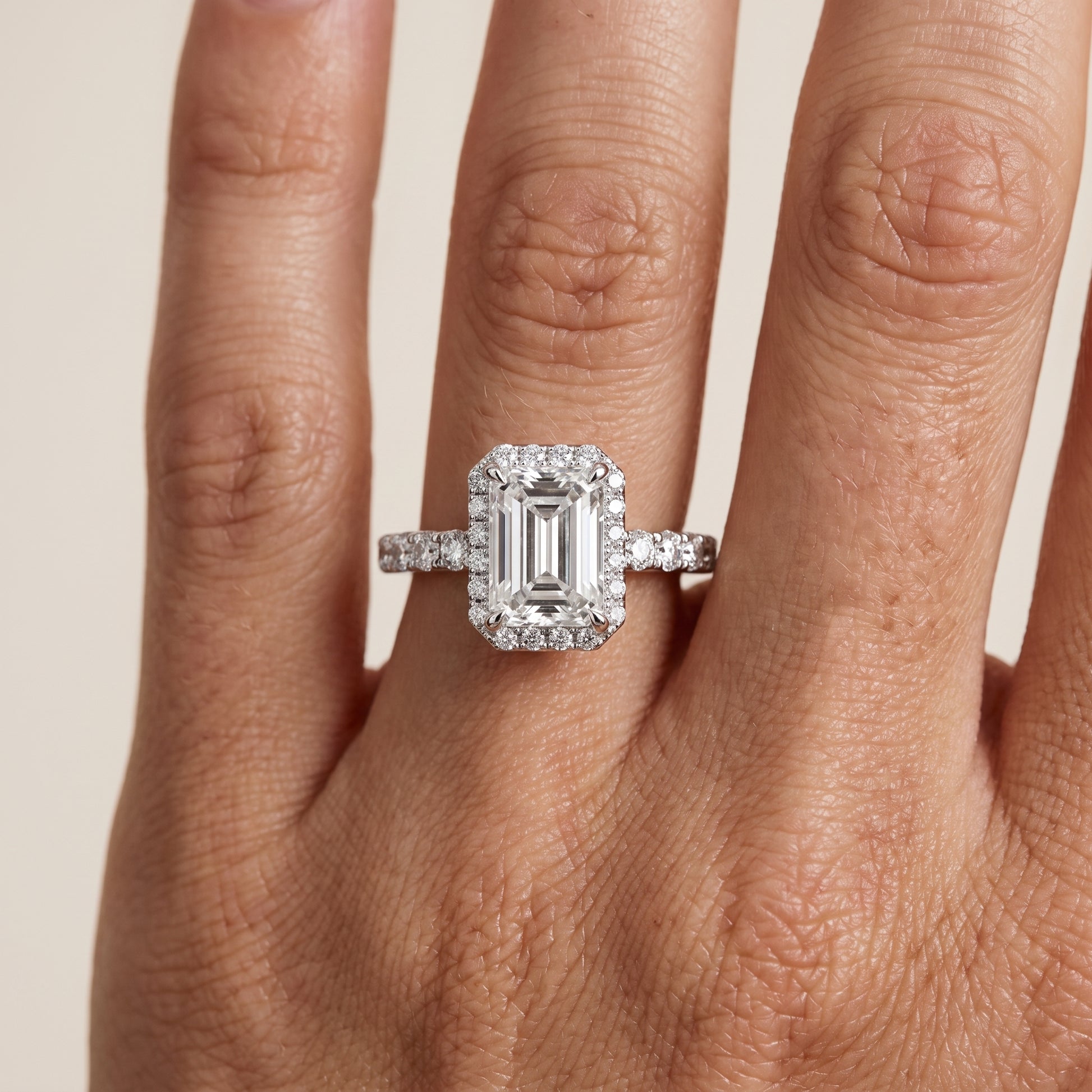 Chloe Halo Pavé Emerald Diamond Ring in Silver - lifestyle.jpg