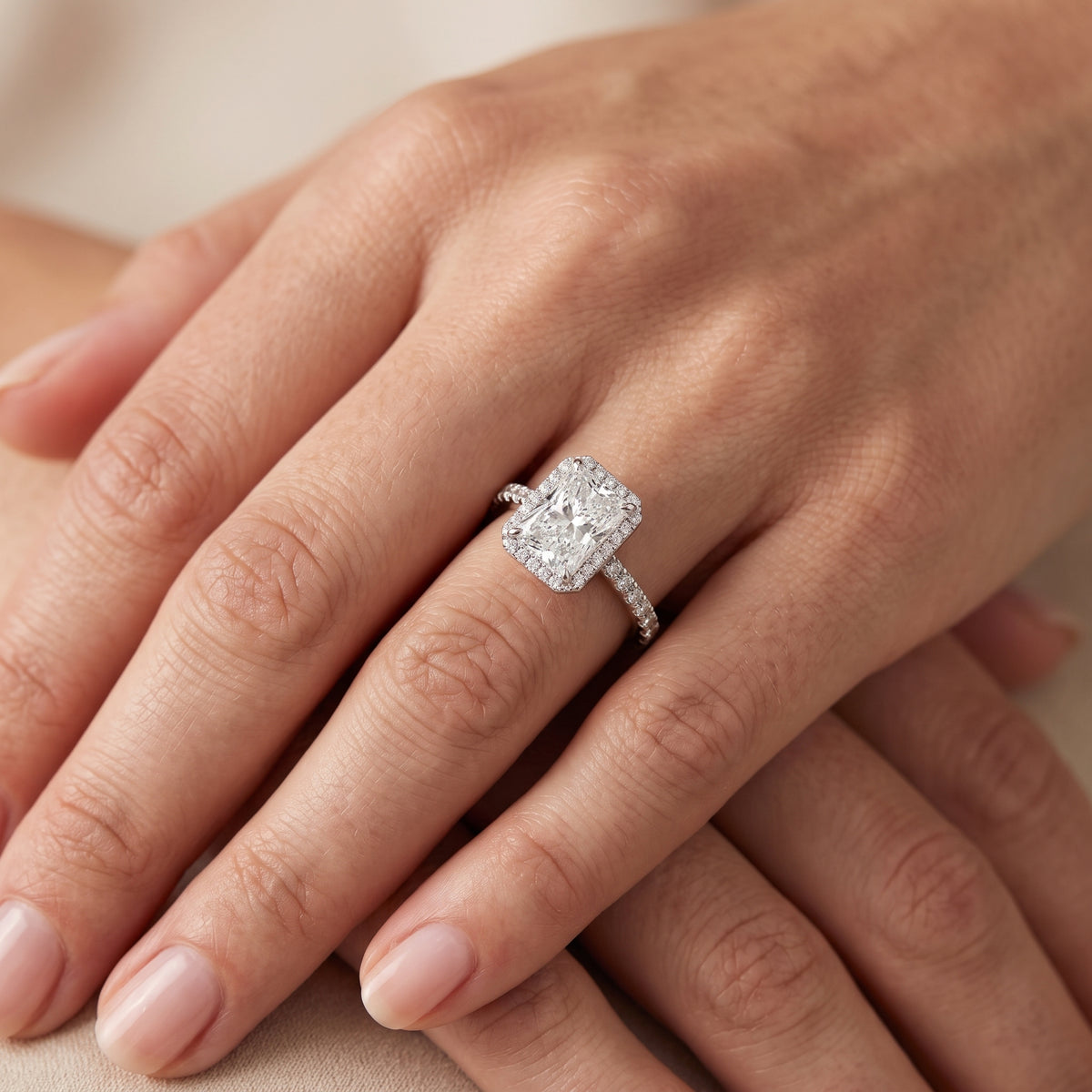 Chloe Halo Pavé Radiant Diamond Engagement Ring in Platinum - lifestyle.jpg