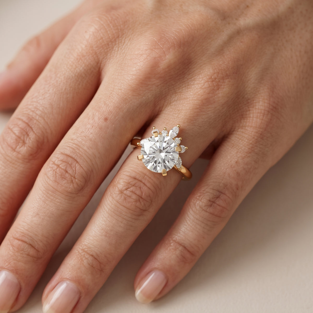 Fiorella Leaf Cluster Round Diamond Engagement Ring in Platinum - lifestyle.jpg