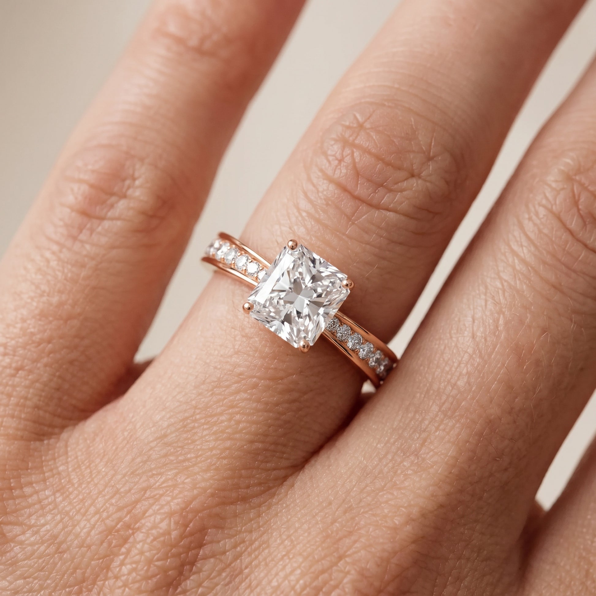 Rhea Sidestone Pavé Radiant Diamond Engagement Ring in Rose Gold - lifestyle.jpg