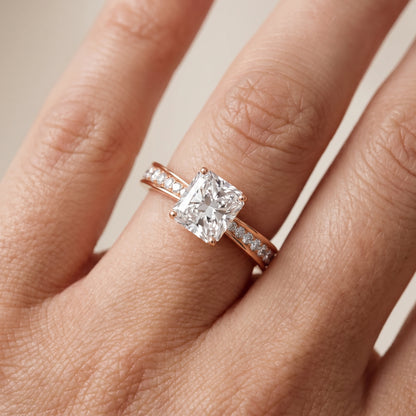 Rhea Sidestone Pavé Radiant Diamond Engagement Ring in Rose Gold - lifestyle.jpg