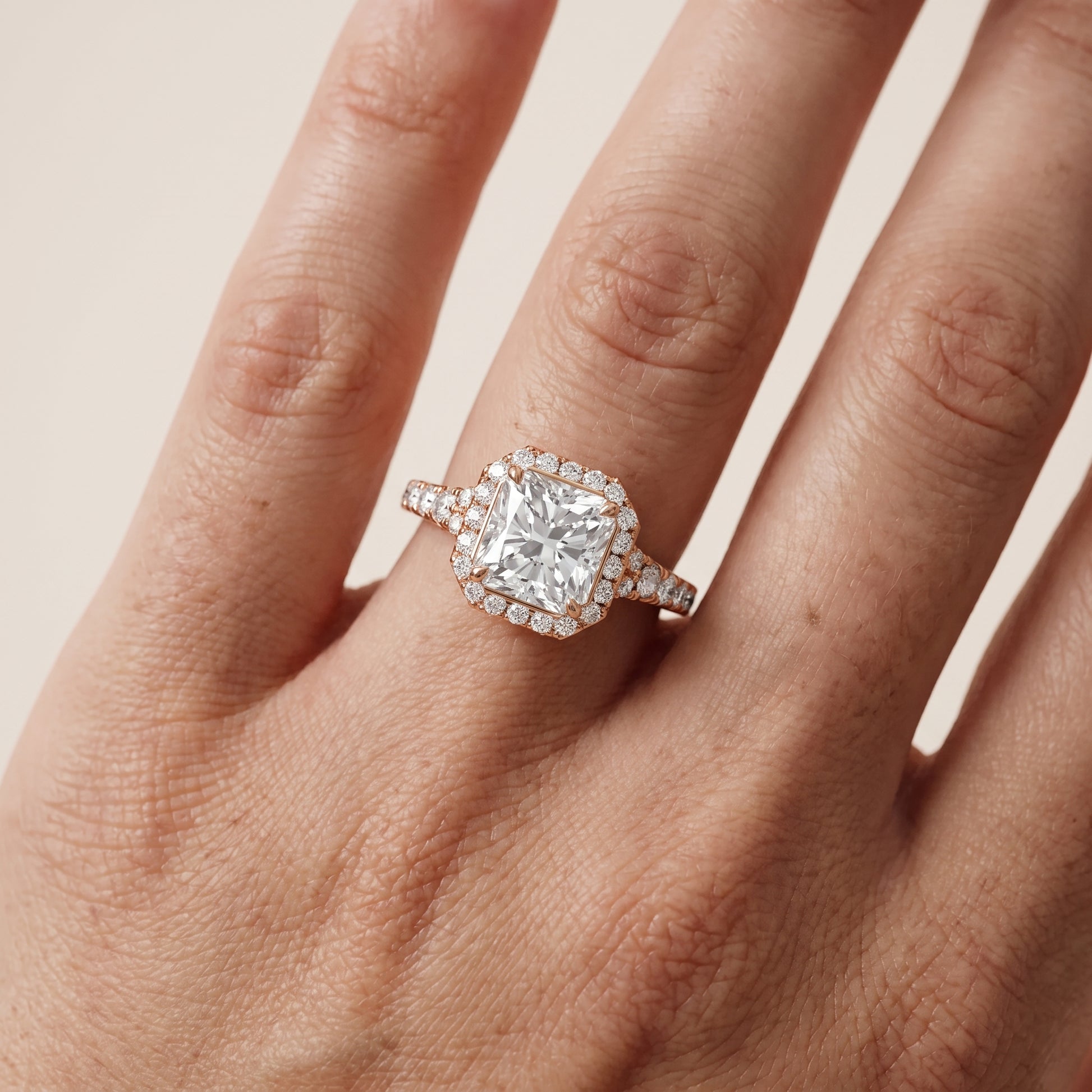 Bella Halo Pavé Radiant Diamond Engagement Ring in Rose Gold - lifestyle.jpg