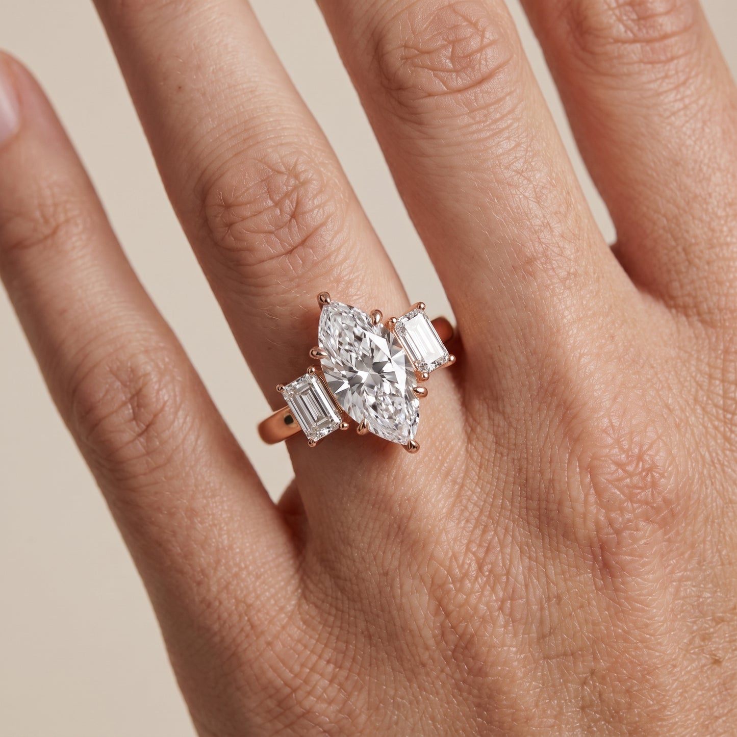 Zoe Three-Stone Marquise Diamond Ring in Rose Gold - lifestyle.jpg