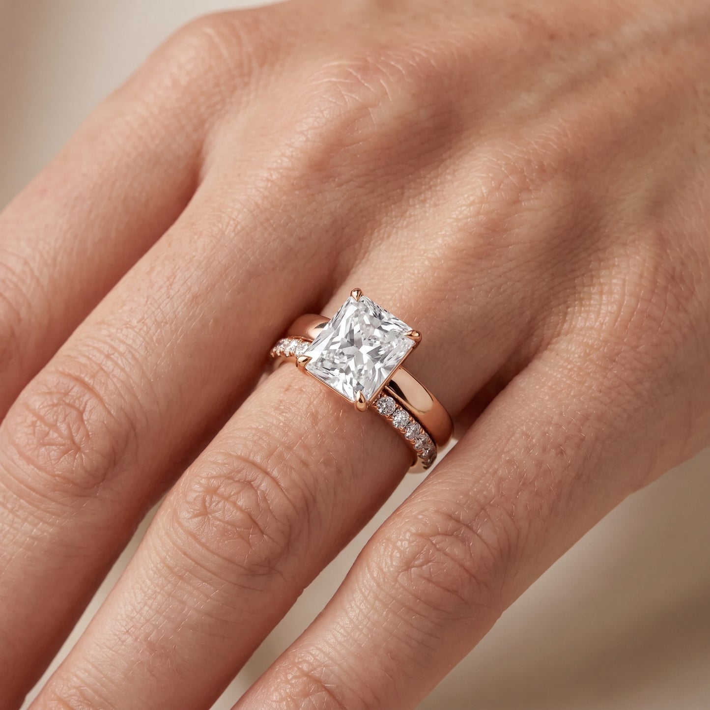 Veda Split Shank Pavé Radiant Diamond Engagement Ring in Rose Gold - lifestyle.jpg