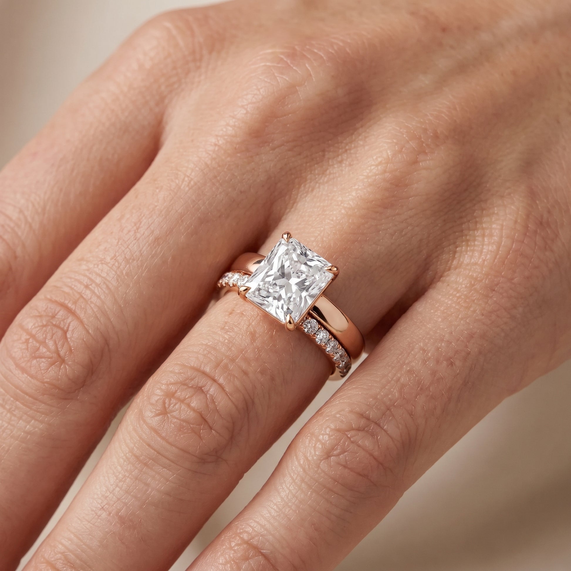 Veda Split Shank Pavé Radiant Diamond Engagement Ring in Rose Gold - lifestyle.jpg