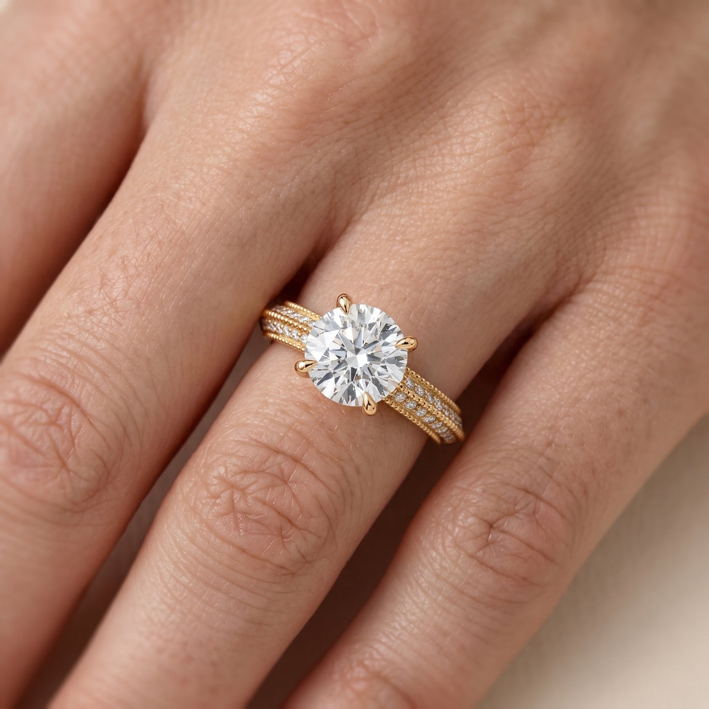 Indie Vintage Milgrain Round Diamond Engagement Ring in Yellow Gold - lifestyle.jpg