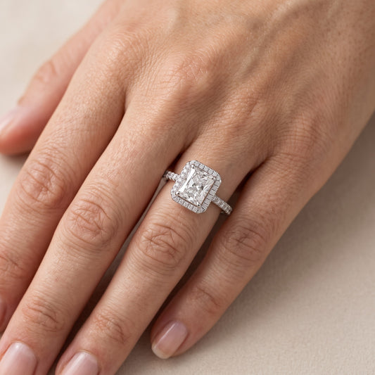 Mabel Halo French Pavé Radiant Diamond Engagement Ring in Platinum - lifestyle.jpg