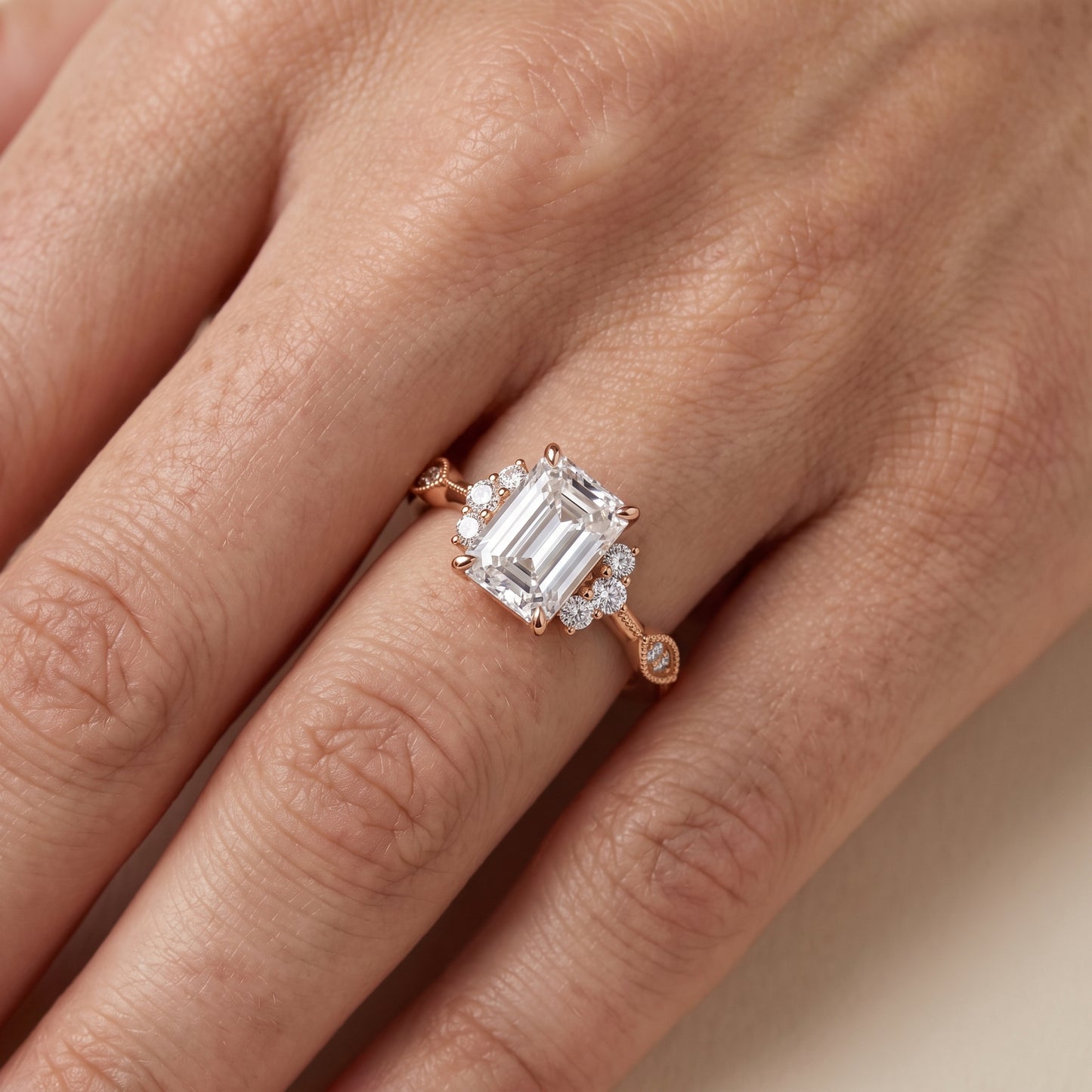 Naomi Vintage Milgrain Emerald Diamond Engagement Ring in Rose Gold - lifestyle.jpg