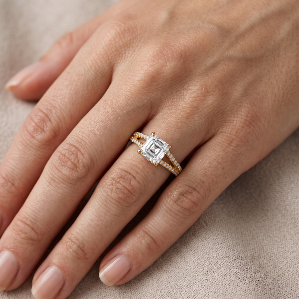 Eternal Embrace Solitaire Asscher Diamond Engagement Ring in Yellow Gold - lifestyle.jpg