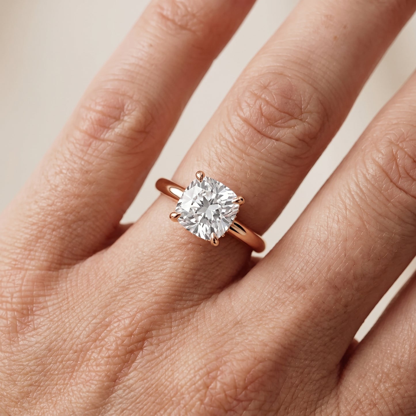 Amaya Hidden Halo Cushion Diamond Engagement Ring in Rose Gold - lifestyle.jpg