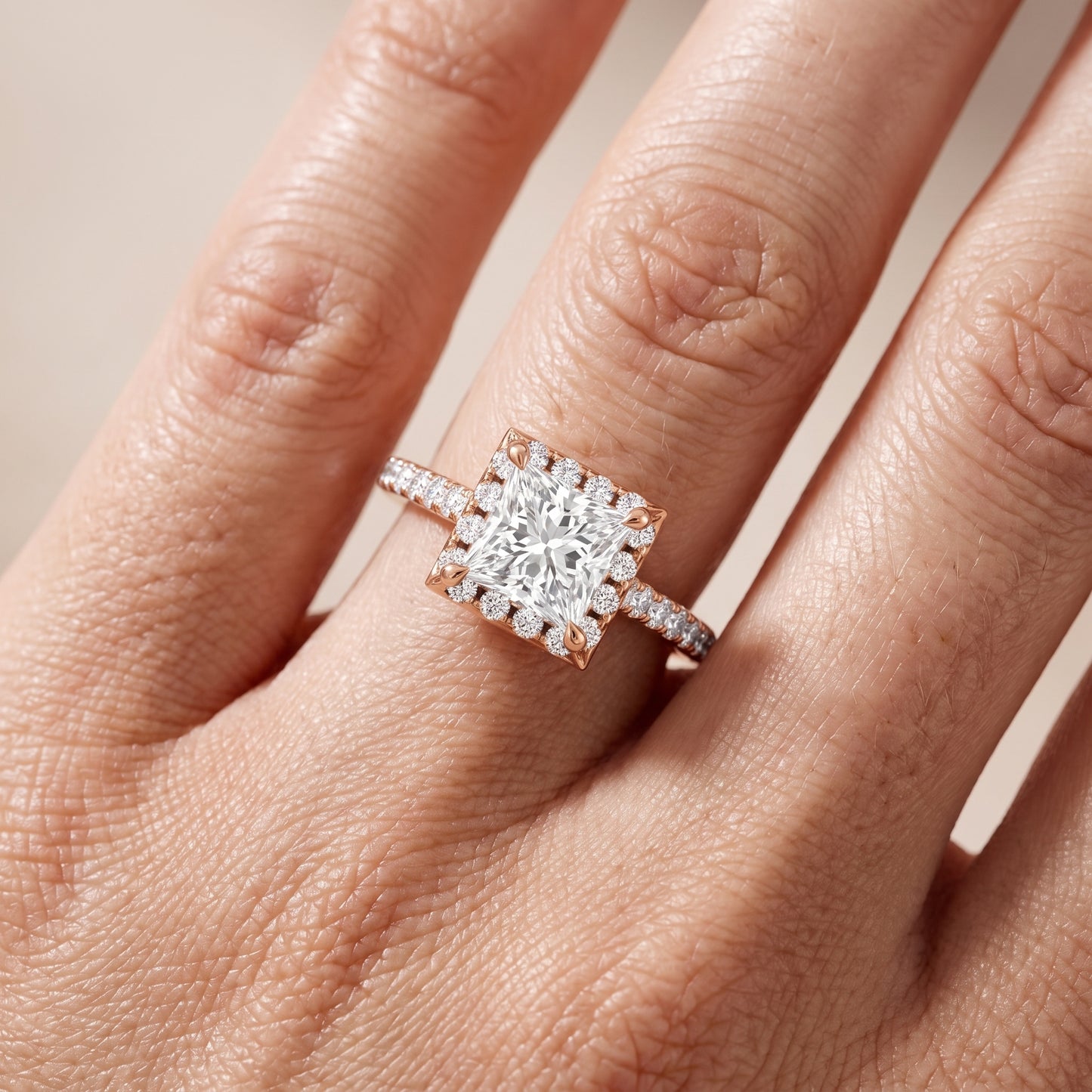 Amara Halo Claw Prong Princess Diamond Ring in Rose Gold - lifestyle.jpg