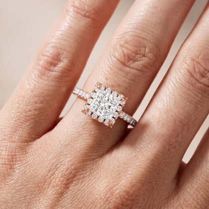 Amara Halo Claw Prong Princess Diamond Ring in Rose Gold - lifestyle.jpg