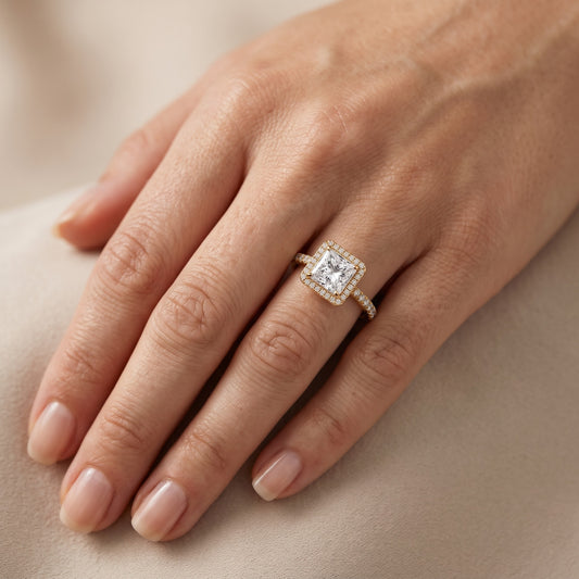 Mabel Halo French Pavé Princess Diamond Engagement Ring in Yellow Gold - lifestyle.jpg