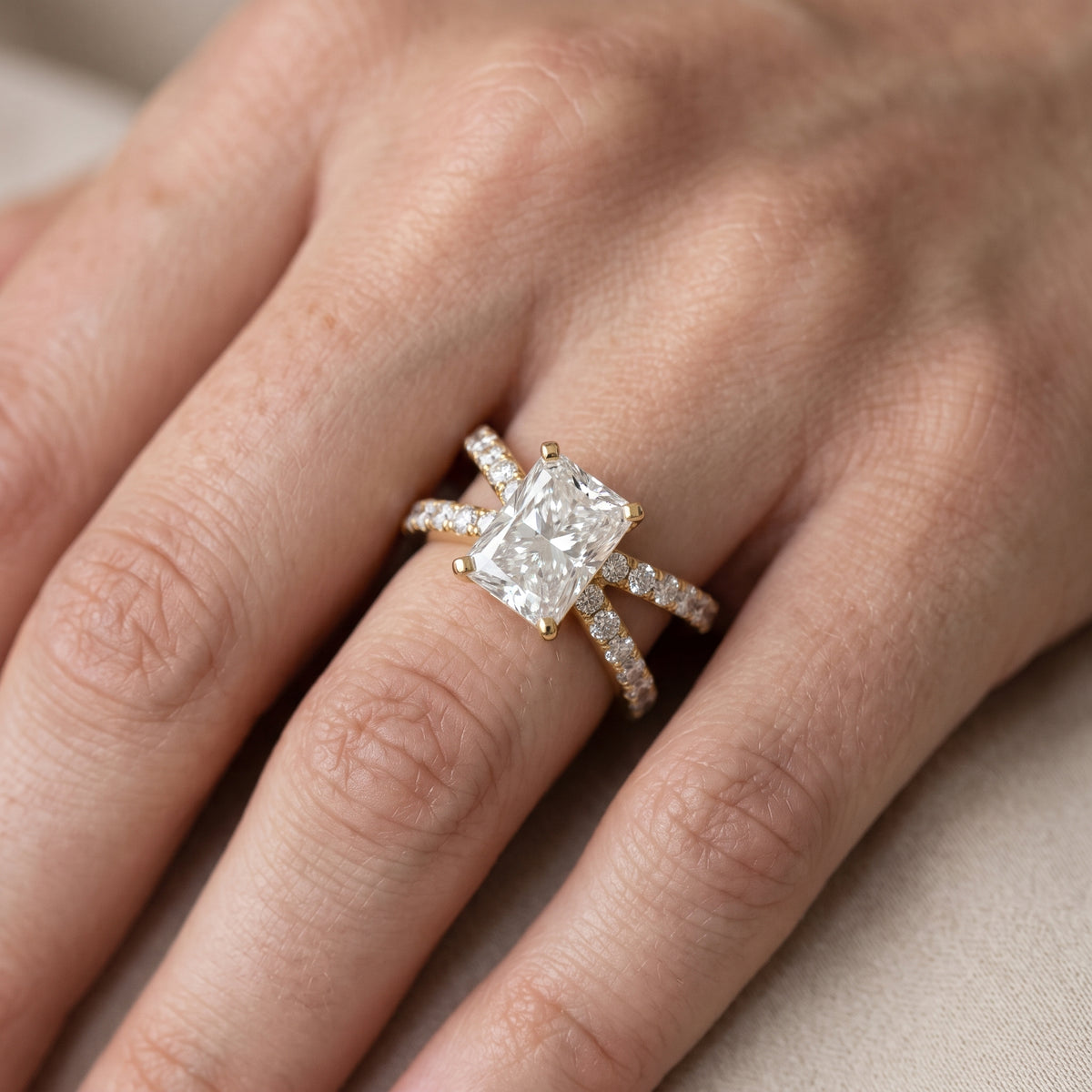 Ilaria Criss Cross Pavé Radiant Diamond Engagement Ring in Yellow Gold - lifestyle.jpg
