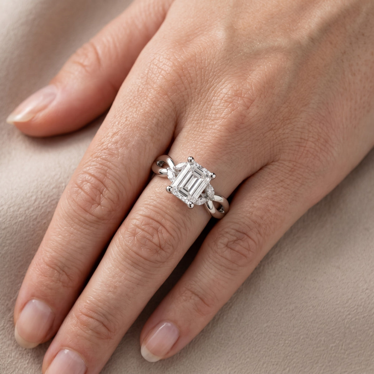 Luna Glow Twisted Emerald Diamond Engagement Ring in Silver - lifestyle.jpg