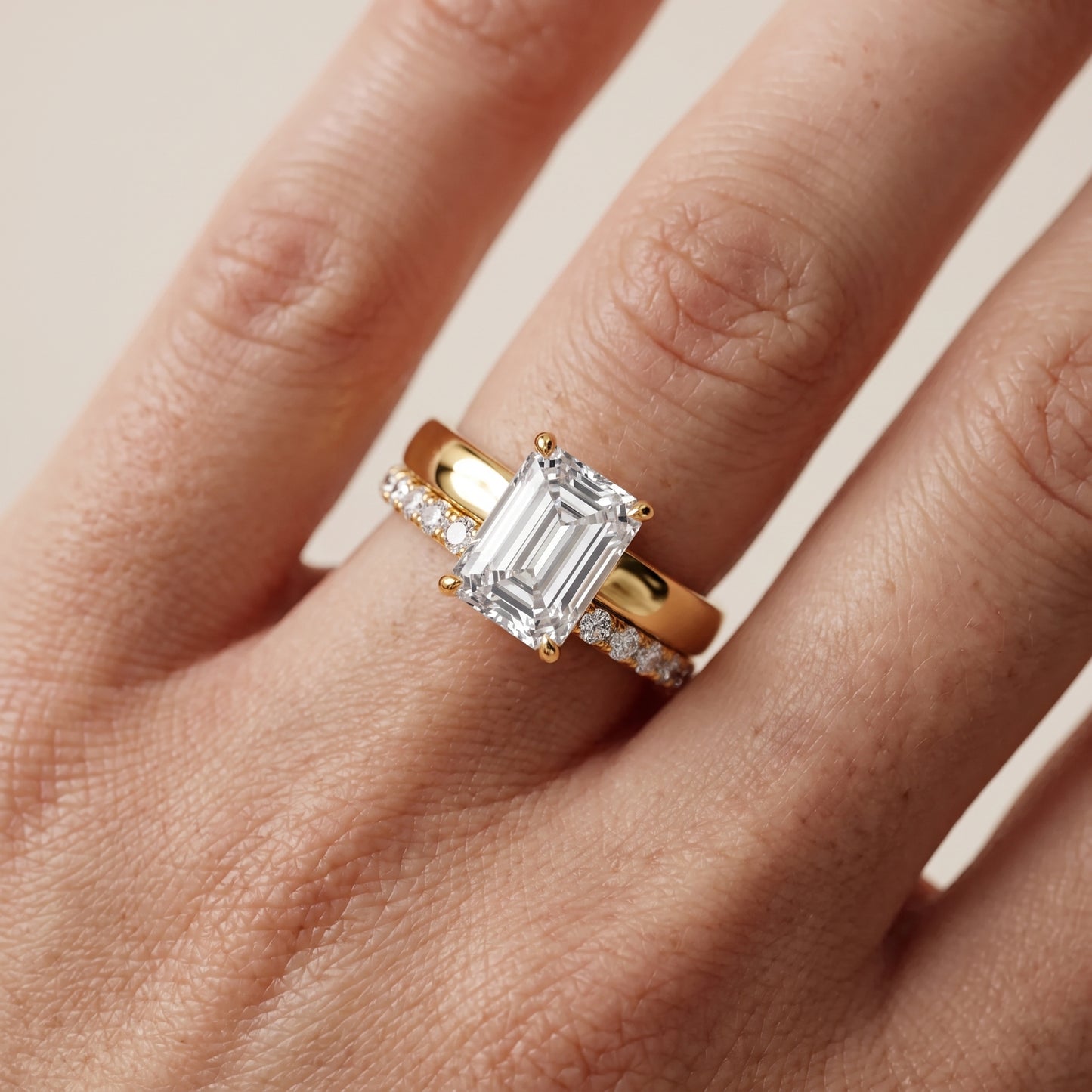 Veda Split Shank Pavé Emerald Diamond Engagement Ring in Yellow Gold - lifestyle.jpg
