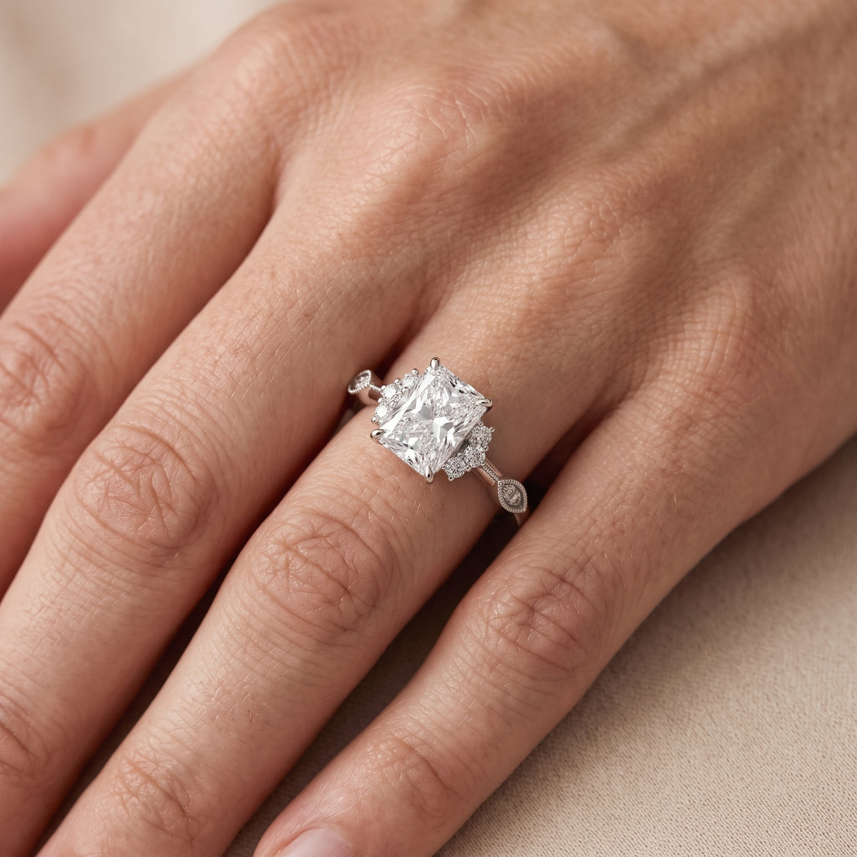 Naomi Vintage Milgrain Radiant Diamond Engagement Ring in White Gold - lifestyle.jpg