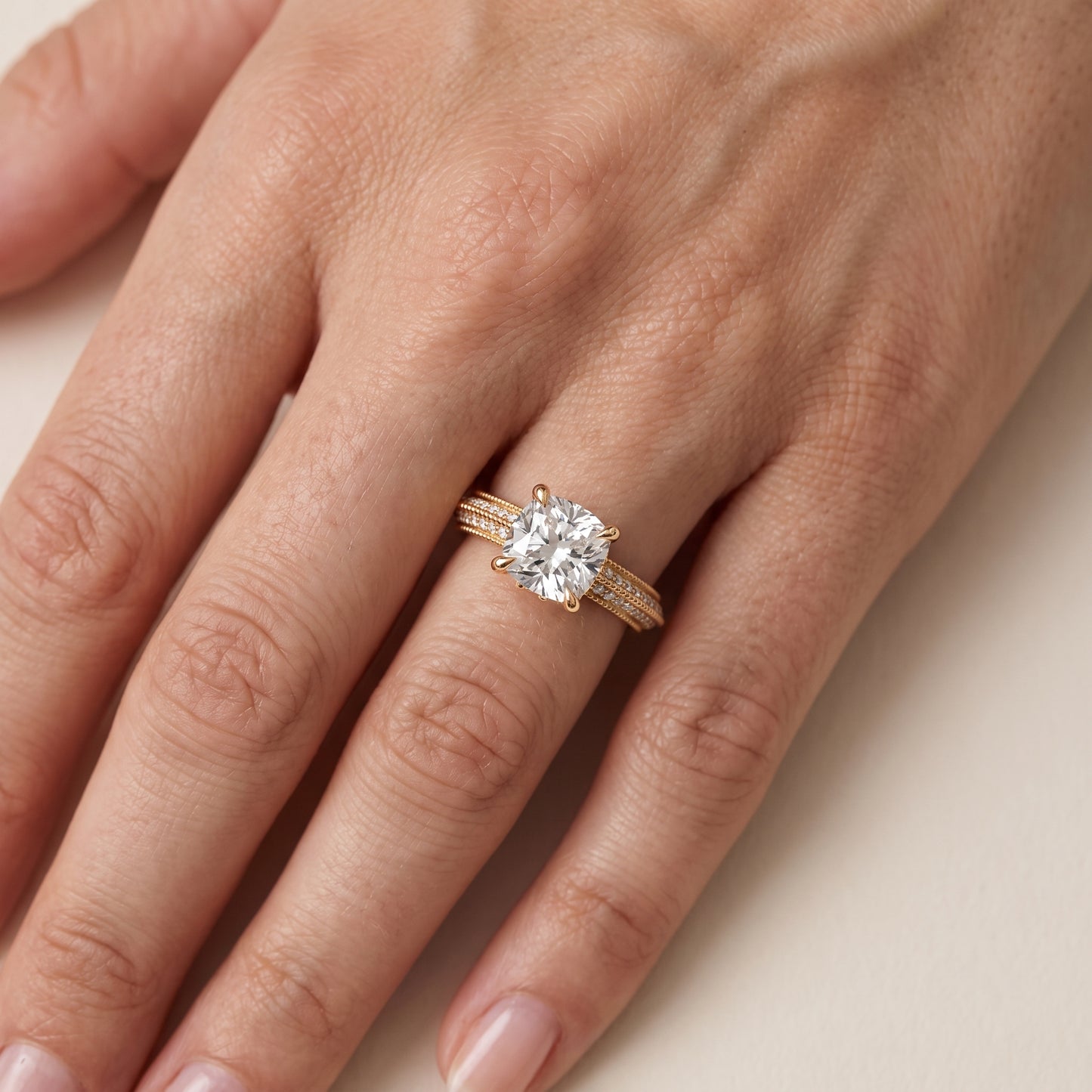 Indie Vintage Milgrain Cushion Diamond Engagement Ring in Yellow Gold - lifestyle.jpg
