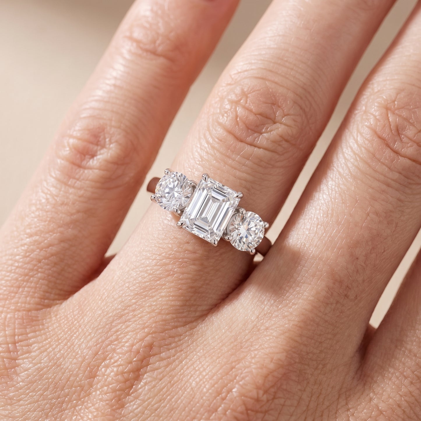Esme Three-Stone Tapered Emerald Diamond Ring in Silver - lifestyle.jpg