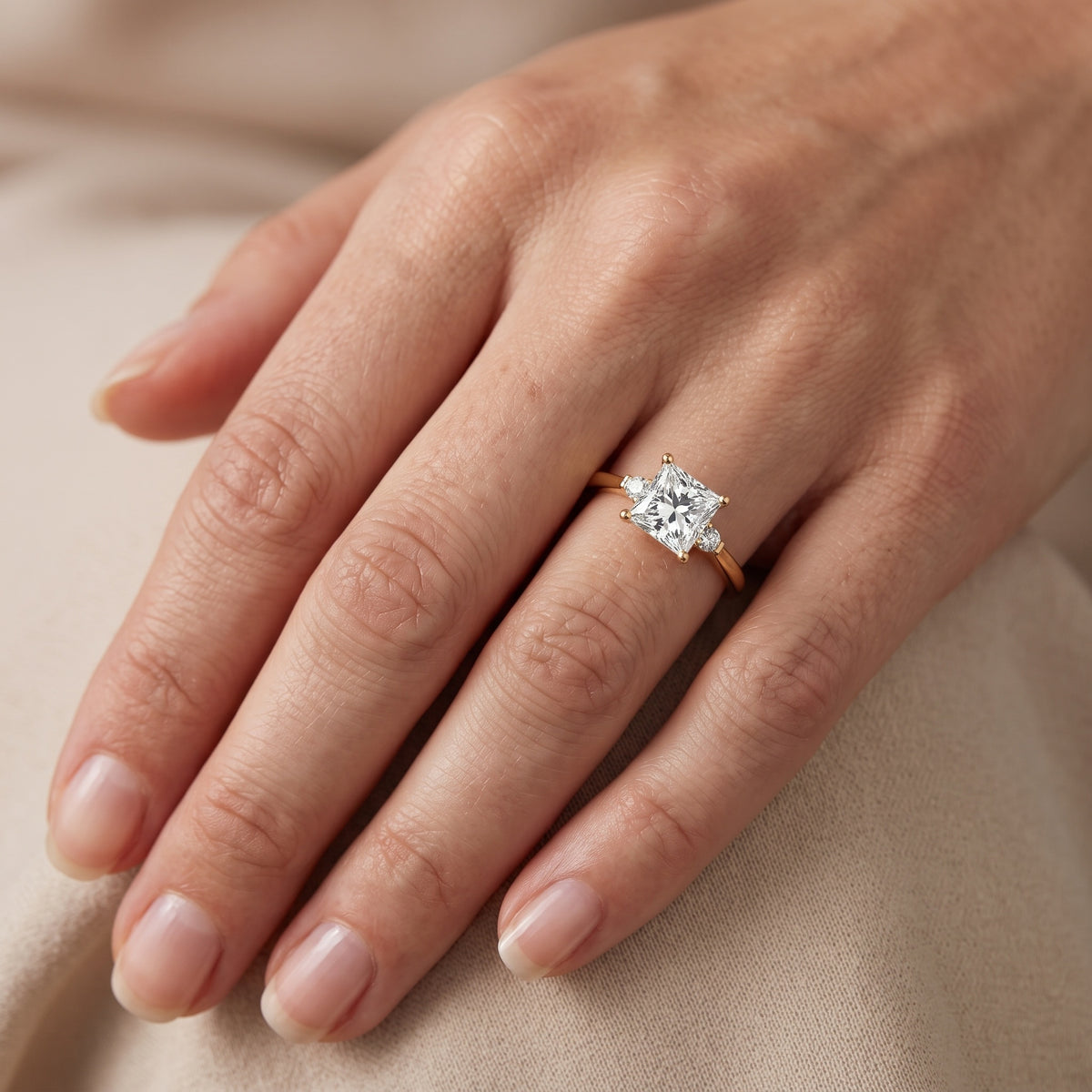 Micaela Three-Stone Princess Diamond Engagement Ring in White Gold - lifestyle.jpg