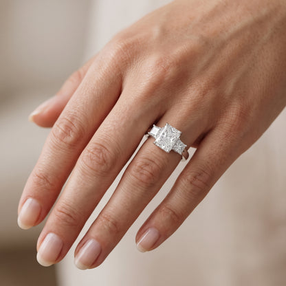 Aria Three-Stone Basket Radiant Diamond Engagement Ring in Silver - lifestyle.jpg