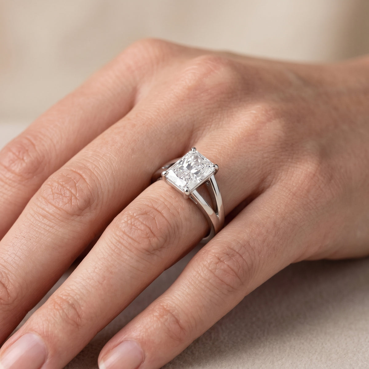Giselle Solitaire Split Shank Radiant Diamond Engagement Ring in Silver - lifestyle.jpg