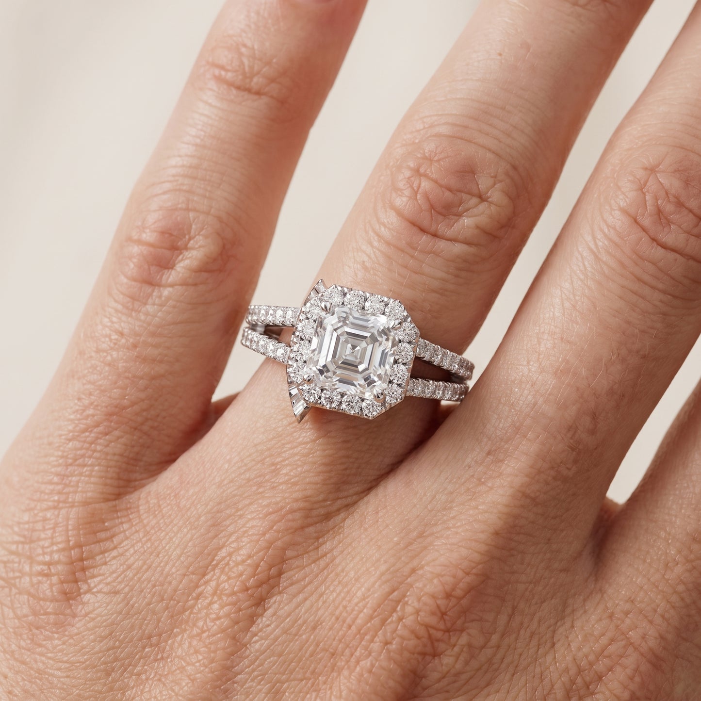 Kira Halo Split Shank Asscher Diamond Engagement Ring in White Gold - lifestyle.jpg