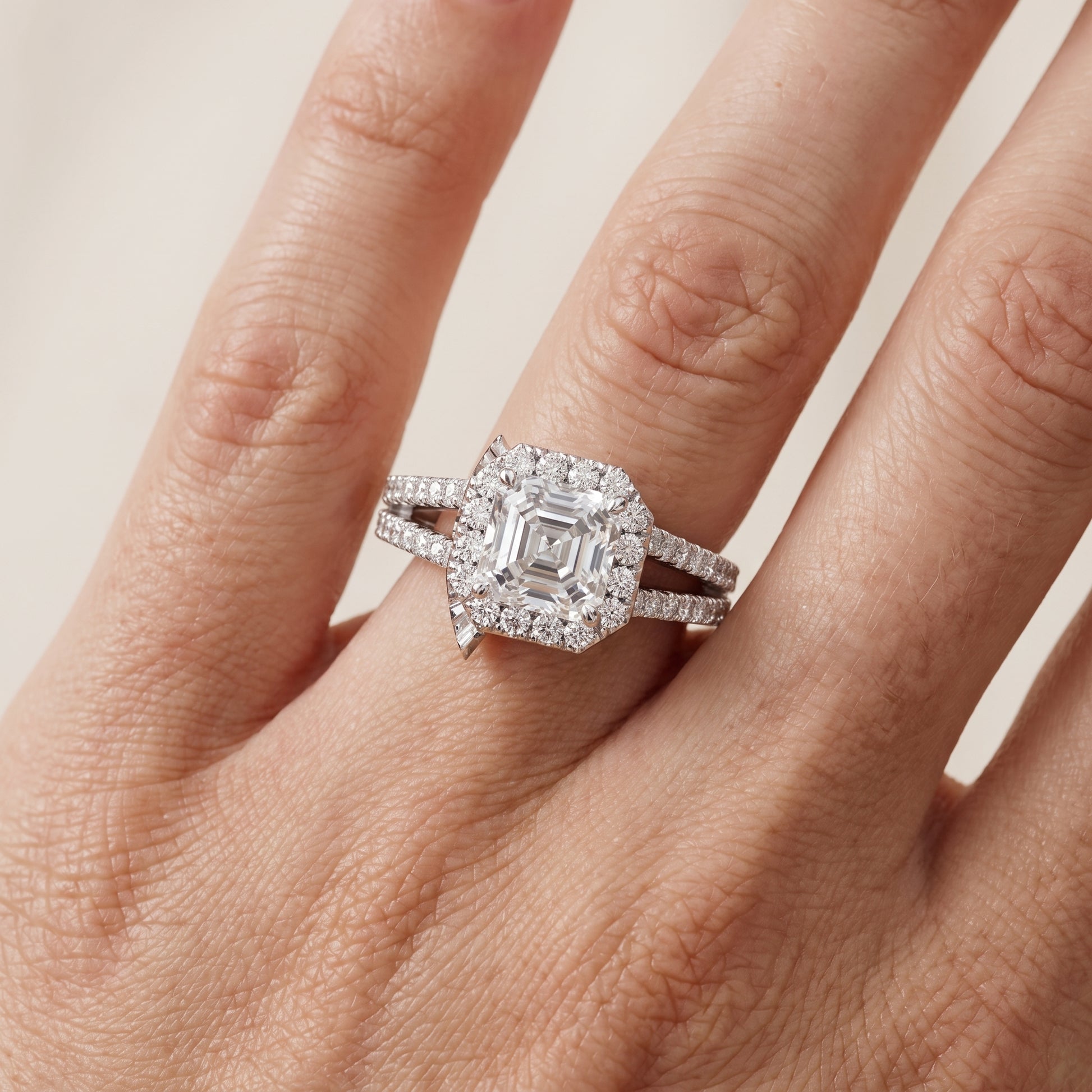 Kira Halo Split Shank Asscher Diamond Engagement Ring in White Gold - lifestyle.jpg