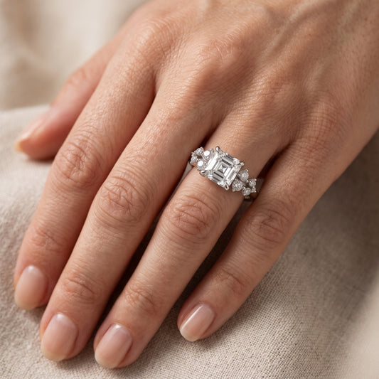 Mirabelle Cluster Asscher Diamond Engagement Ring in Platinum - lifestyle.jpg