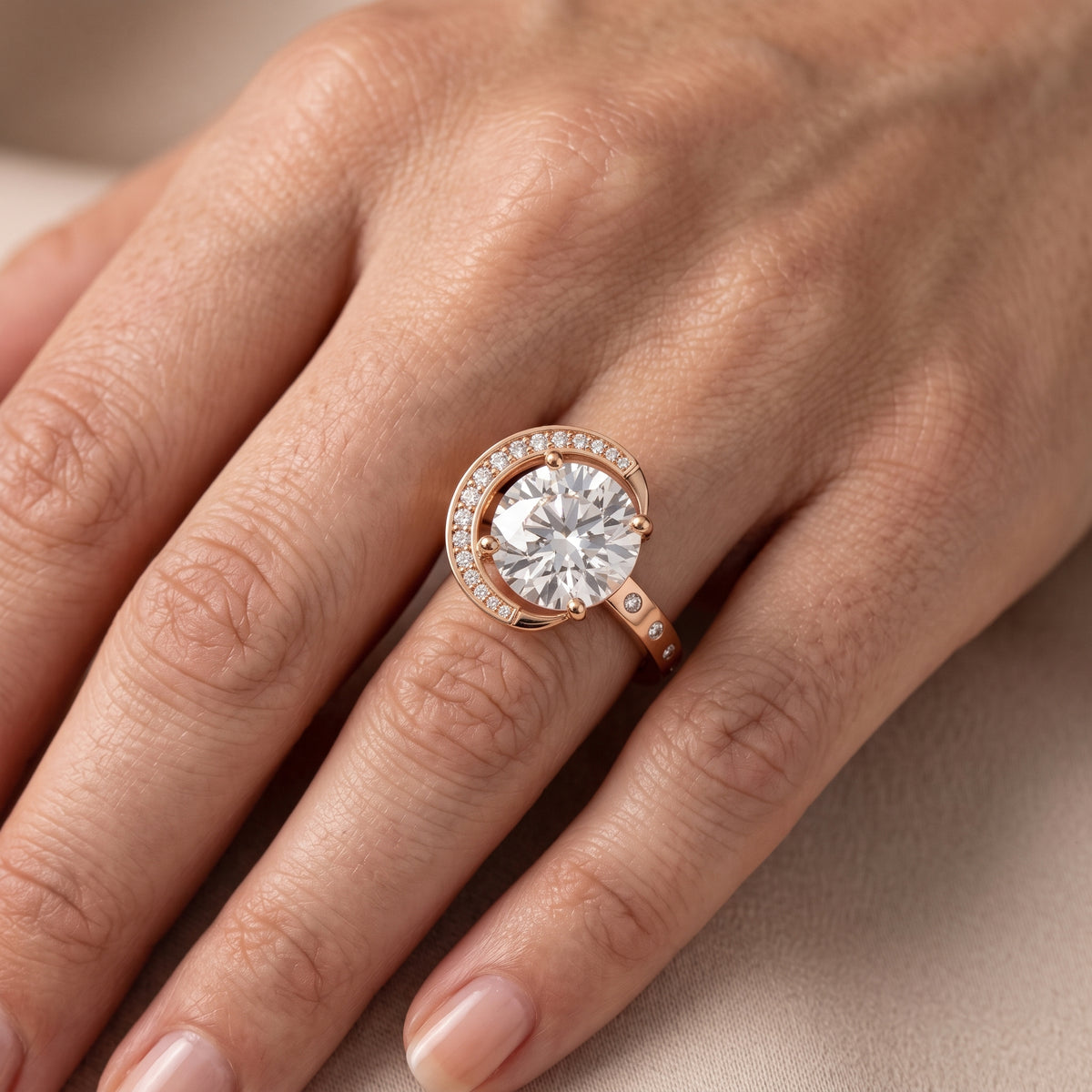 Aurelia Moon Halo Round Diamond Engagement Ring in Rose Gold - lifestyle.jpg