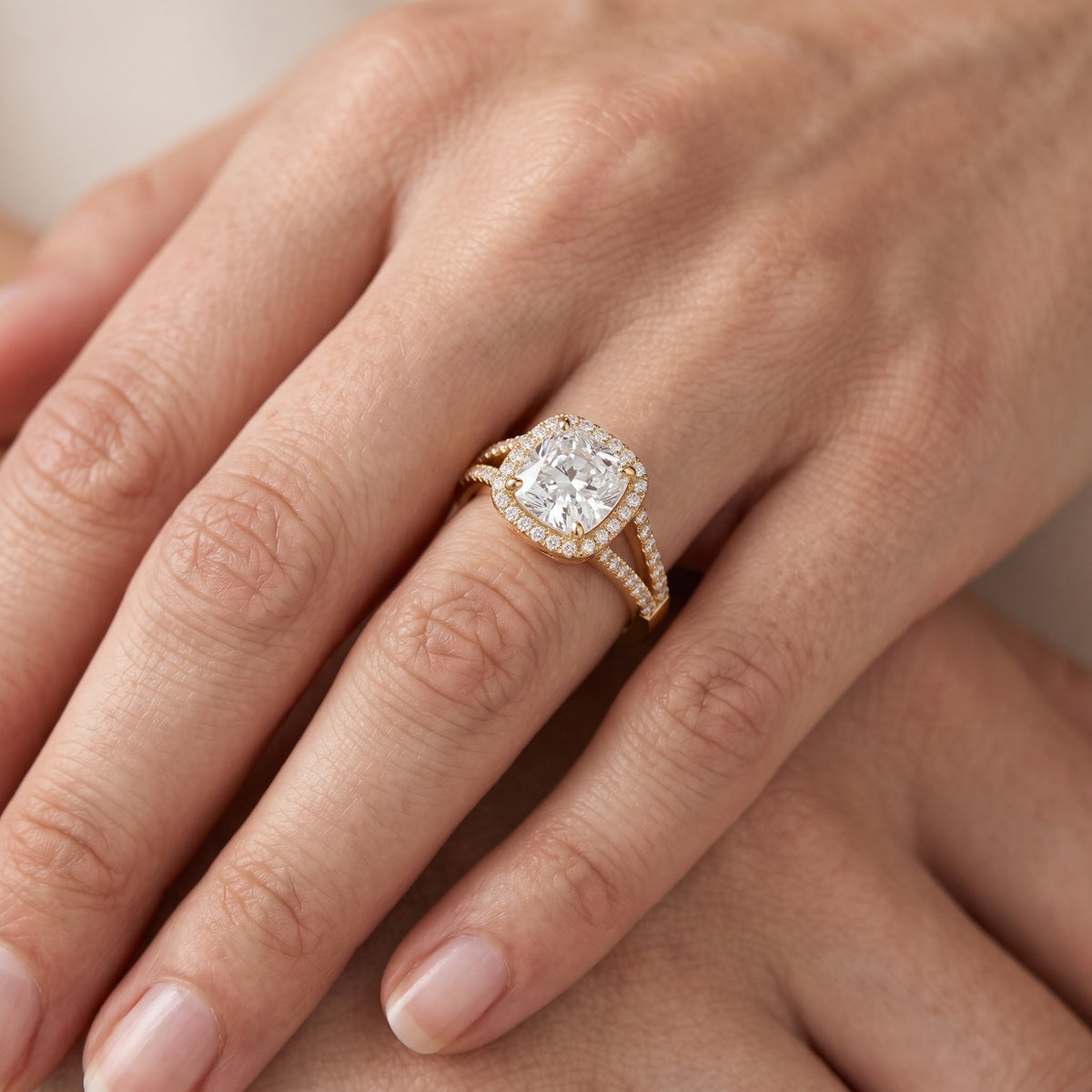 Nola Halo Split Shank Cushion Diamond Engagement Ring in White Gold - lifestyle.jpg