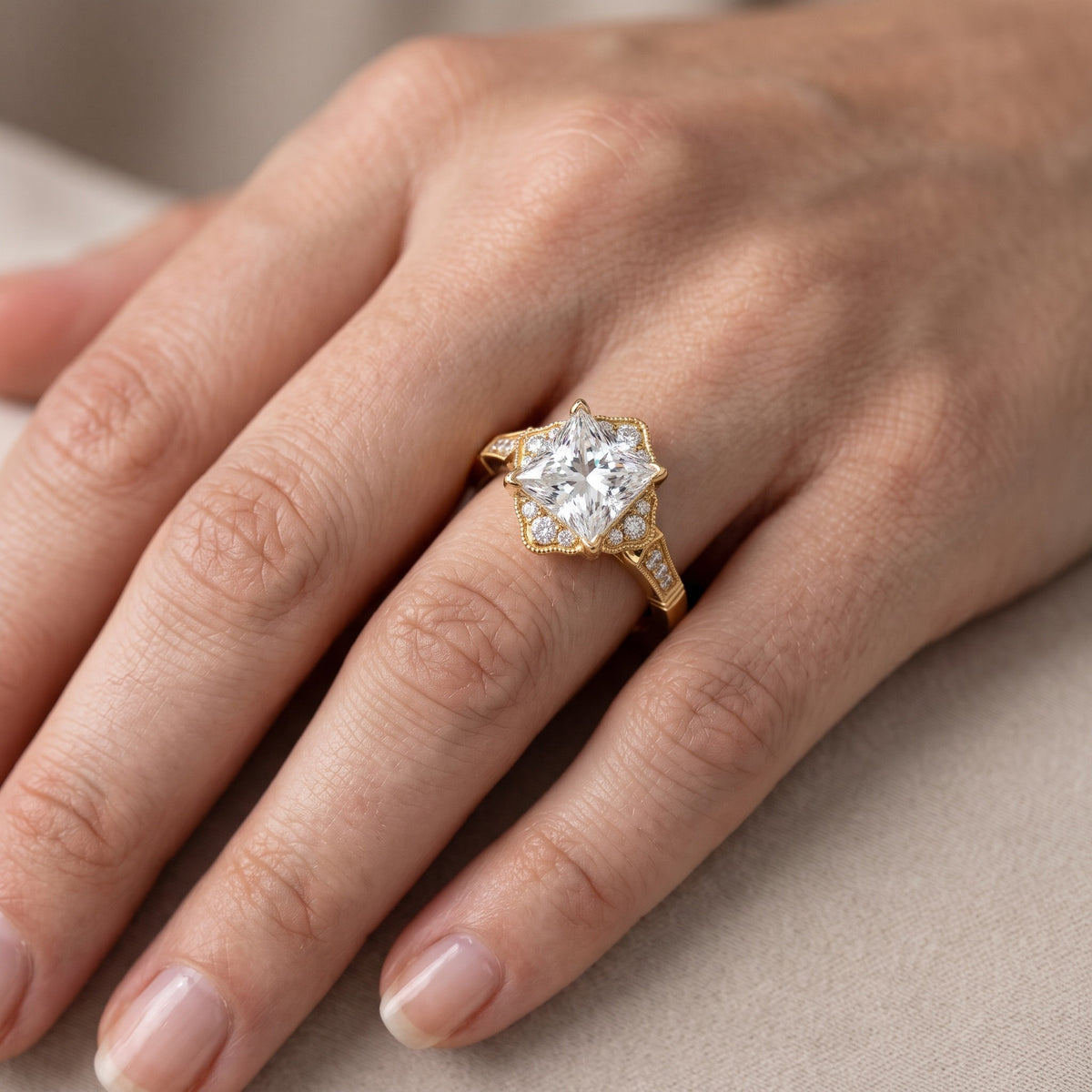 Esther Milgrain Halo Princess Diamond Engagement Ring in Yellow Gold - lifestyle.jpg