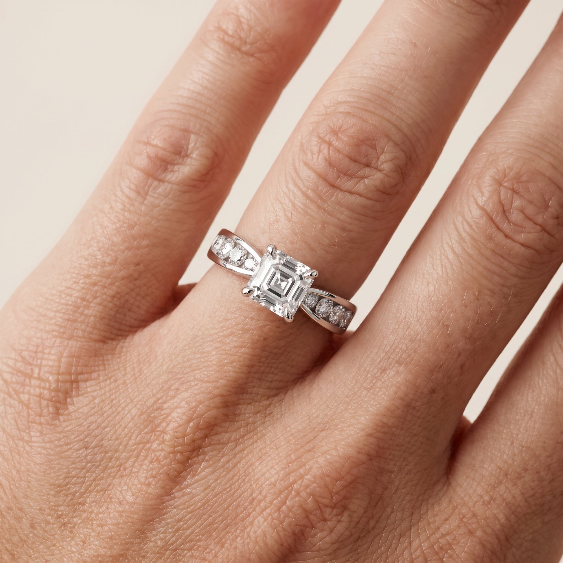 Noor Channel Set Sidestone Asscher Diamond Engagement Ring in Platinum - lifestyle.jpg